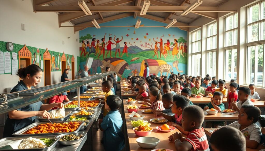 A bustling school cafeteria, bathed in warm, natural lighting that floods through large windows. In the foreground, a long serving line offers a variety of colorful, nutritious meals, freshly prepared by attentive staff. Students queue patiently, their faces aglow with anticipation. In the middle ground, tables are filled with lively chatter as children enjoy their meals, nourishing both body and mind. The background depicts a vibrant mural, celebrating the diversity and joy of shared sustenance. An atmosphere of community, inclusion, and wellbeing permeates the scene, reflecting the core essence of the "Free Nutritious Meals" program.