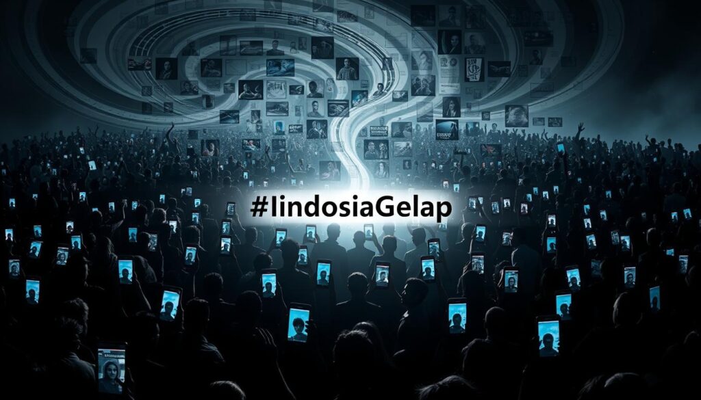 A bustling social media landscape, with a viral hashtag "#IndonesiaGelap" at the center, surrounded by a swirling vortex of digital activity. In the foreground, a myriad of smartphone screens, each displaying the trending topic, casting an eerie glow. The middle ground is filled with a mosaic of user avatars, profile pictures, and digital silhouettes, all engaged in a virtual protest. The background depicts a darkened, shadowy realm, symbolizing the issues being addressed, with subtle hints of illumination from the digital realm. The overall atmosphere is one of digital unrest, amplified by the pervasive nature of social media.