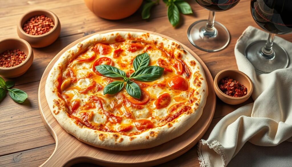 A classic Italian pizza presentation captured in a warm, inviting still life. A round, thin-crust Neapolitan pizza with a golden-brown bubbly crust rests on a wooden pizza peel, garnished with fresh basil leaves and a drizzle of olive oil. The pizza is surrounded by traditional Italian tableware - a clay bowl filled with crushed red pepper flakes, a glass of red wine, and a linen napkin. Soft, directional lighting illuminates the scene, casting gentle shadows and highlighting the texture of the ingredients. The overall composition evokes the rustic, authentic ambiance of a traditional Italian pizza kitchen.