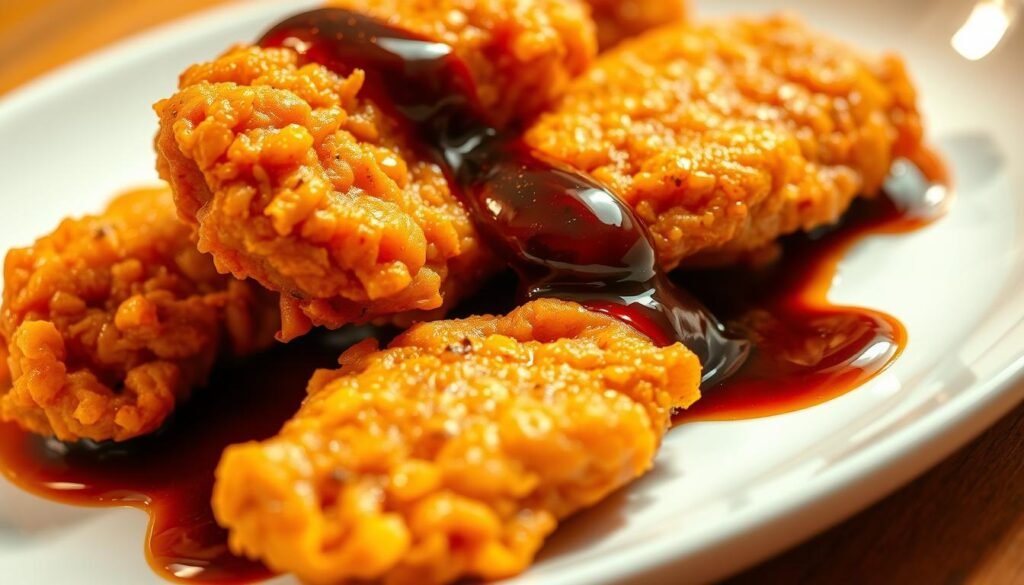 A close-up photograph of a crispy fried chicken dish, drizzled with a rich, glossy black pepper sauce. The chicken's golden-brown, perfectly crunchy skin glistens under the warm, directional lighting, casting subtle shadows that accentuate its delicate texture. The sauce, with its deep, complex flavor, pools around the chicken, creating a visually appealing contrast. The dish is presented on a sleek, minimalist white plate, allowing the vibrant colors and mouthwatering details to take center stage. The overall mood is one of indulgence and culinary craftsmanship, inviting the viewer to imagine the satisfying crunch and bold, peppery taste of this popular restaurant dish.