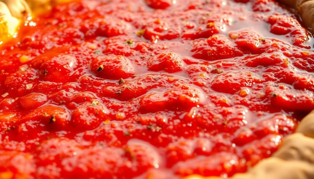 A close-up shot of a thick, bubbling marinara sauce glistening on the surface of a freshly baked Neapolitan-style pizza crust. The sauce is a rich, deep-red hue, with flecks of herbs and garlic visible throughout. The crust has a golden-brown, slightly charred edge, indicating it was cooked in a wood-fired oven. The lighting is warm and natural, casting a soft glow across the scene. The angle is slightly elevated, allowing the viewer to appreciate the texture and depth of the sauce. The overall mood is one of mouthwatering anticipation, inviting the viewer to imagine the bold, savory flavors of this classic Italian dish.