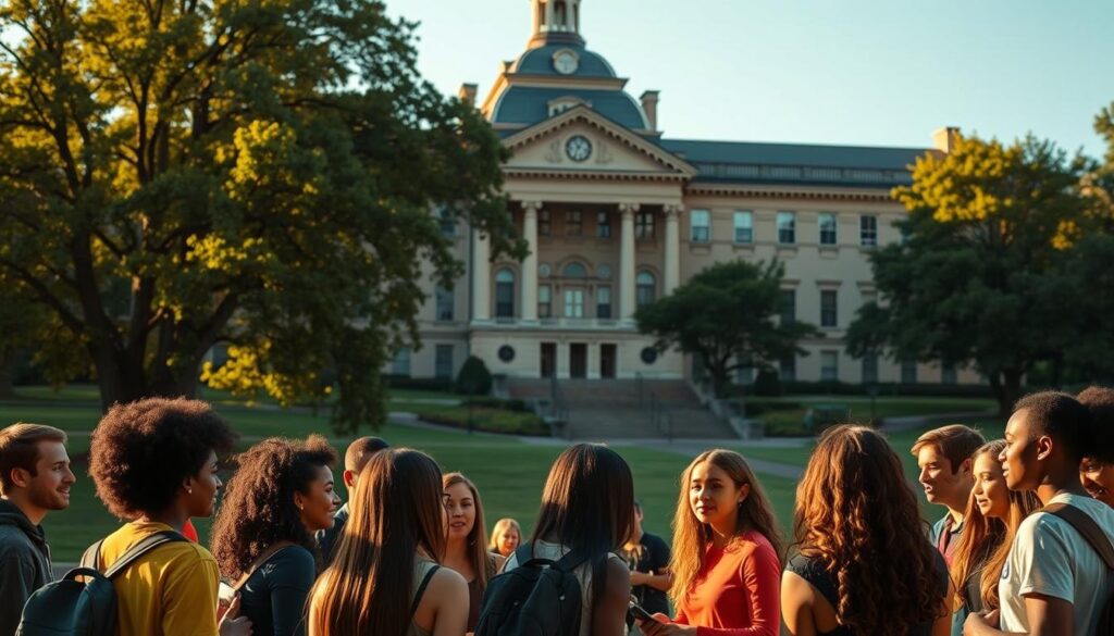 A college campus with a grand, ornate building in the background, surrounded by lush greenery and mature trees. In the foreground, a group of diverse students are gathered, engaged in discussion and exchanging ideas. The scene is bathed in warm, golden afternoon light, creating a welcoming and inspiring atmosphere. The students' body language and facial expressions convey a sense of purpose and determination, reflecting their pursuit of academic and personal growth through the sociology program's scholarship opportunities. The overall composition evokes a sense of opportunity, community, and the transformative power of education.