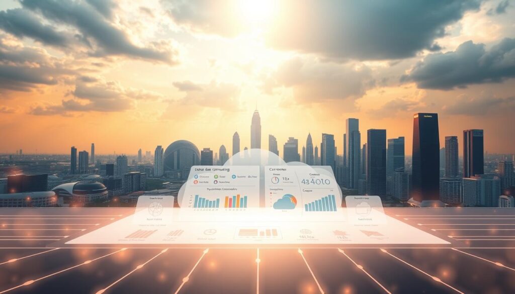 A detailed illustration of &quot;alokasi dana cloud computing&quot; showcasing its role in Indonesia's AI infrastructure investment. In the foreground, a stylized cloud computing diagram with interconnected servers, data centers, and storage units. The middle ground features a dynamic data visualization dashboard displaying resource allocation, cost analysis, and performance metrics. In the background, a panoramic view of a modern city skyline, symbolizing the integration of cloud computing into the nation's digital landscape. The scene is illuminated by a warm, diffused lighting, creating a sense of technological sophistication and economic progress. Rendered with a hyper-realistic, cinematic quality to capture the significance of this critical investment.