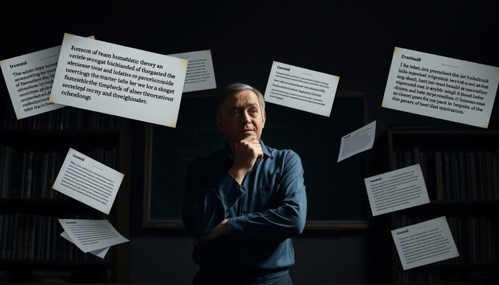 A dimly lit, academic setting with a backdrop of bookshelves and a chalkboard. In the foreground, a thinker stands contemplatively, hand on chin, surrounded by floating critiques and counter-arguments swirling around them, representing the complex and nuanced discourse on humanistic theory. The lighting is dramatic, with shadows casting an air of intellectual depth. The composition is balanced, with the thinker as the central focus, conveying the gravity of the subject matter. The overall atmosphere evokes a sense of thoughtful introspection and the weight of academic scrutiny.