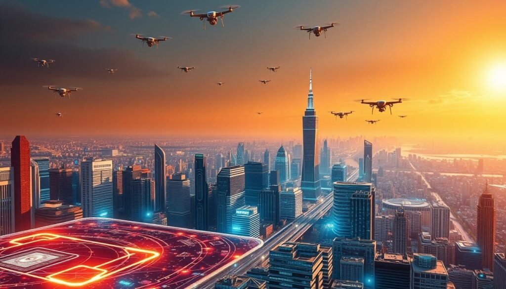 A futuristic cityscape bathed in a warm, golden glow. In the foreground, a holographic display showcases innovative digital technologies, their interfaces shimmering with intricate data visualizations. In the middle ground, towering skyscrapers and sleek, autonomous vehicles symbolize the rapid digital transformation, while drones and satellites dot the sky above. The background is a panoramic vista of a thriving metropolis, its skyline punctuated by cutting-edge architectural marvels. The scene conveys a sense of progress, efficiency, and the seamless integration of technology into every aspect of modern life.