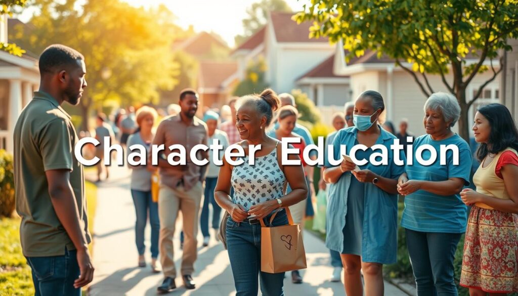 A group of people engaged in positive behaviors like helping the elderly, sharing, and volunteering in a vibrant, sun-lit community setting. The scene depicts the implementation of character education in daily life, with warm tones and natural lighting evoking a sense of harmony and social responsibility. The foreground shows individuals actively participating in acts of kindness, while the middle ground features a diverse array of people interacting and supporting one another. The background showcases a well-maintained, clean neighborhood with lush greenery, suggesting an environment conducive to the nurturing of positive character traits.