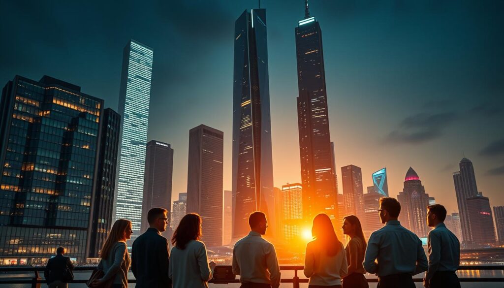 A high-tech metropolis landscape with a towering skyscraper as the focal point, symbolizing the technological leadership and visionary guidance of a tech giant's CEO. The building is sleek and modern, with a glass facade reflecting the city's skyline. In the foreground, a group of diverse professionals are gathered, engaged in animated discussions, representing the collaborative and innovative spirit driving the company's technological advancements. The lighting is dramatic, with warm hues casting an aspirational glow, conveying a sense of progress and momentum. The overall scene exudes a sense of forward-thinking leadership, showcasing the intersection of technology, vision, and the power to shape the future.