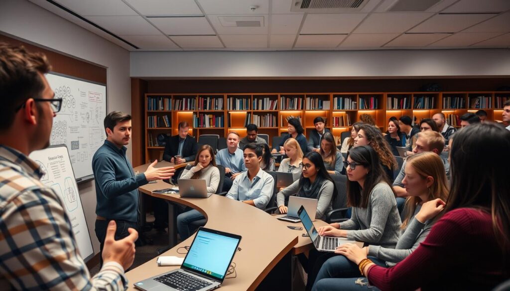 A lecture hall filled with attentive students, studying the diverse fields of communication. In the foreground, a professor gestures animatedly, surrounded by intricate diagrams and visual aids on a sleek, modern whiteboard. The middle ground showcases small group discussions, as students collaborate on project presentations, their faces lit by the glow of laptop screens. In the background, shelves of communication-themed books and journals line the walls, casting a warm, intellectual atmosphere. Soft, directional lighting illuminates the scene, capturing the focus and intensity of the students' learning experience. A subtle, neutral color palette creates a sense of professionalism and academic rigor.