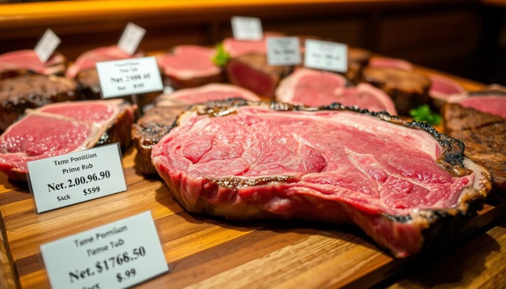 A neatly arranged display of various steak cuts, showcasing their generous portions and price tags. The steaks are presented on a wooden surface, accentuated by warm lighting that casts a rich, inviting glow. In the foreground, a succulent prime rib steak takes center stage, its marbled texture and caramelized edges tantalizing the viewer. Surrounding it are other premium cuts, each with a clearly visible price tag, allowing the reader to easily assess the value and portion size of the restaurant's steak offerings. The overall scene conveys an atmosphere of quality, attention to detail, and a focus on providing a satisfying dining experience.