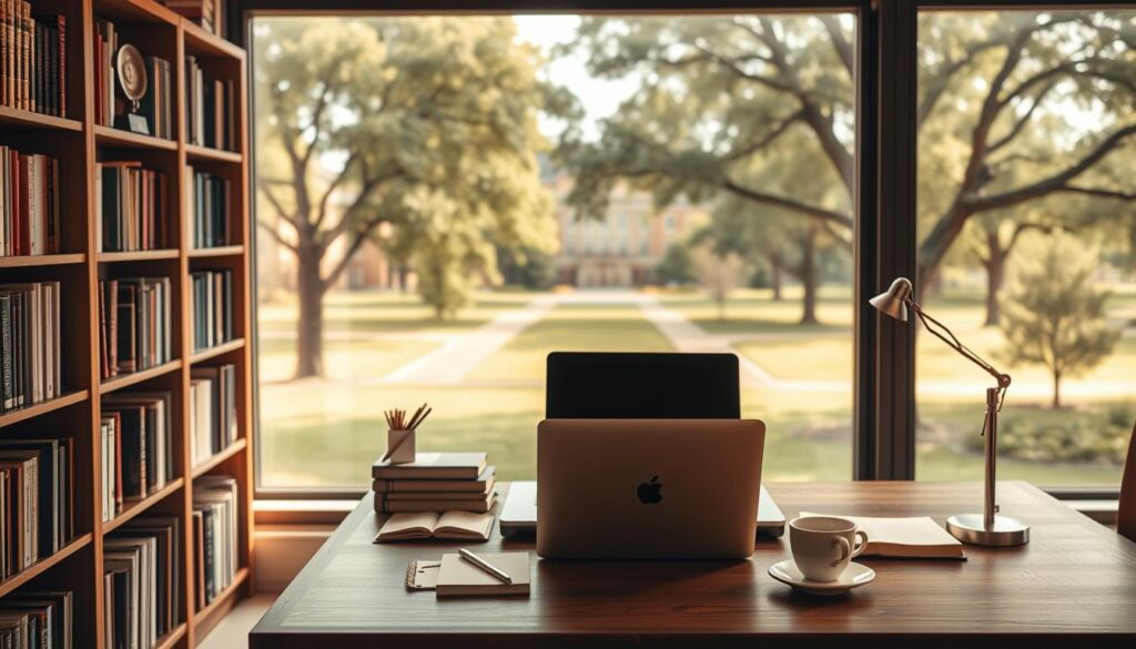 A neatly organized bookshelf stands in the foreground, its shelves adorned with books and academic awards. In the middle ground, a laptop rests on a sturdy wooden desk, surrounded by stationery and a cup of steaming coffee, conveying a studious atmosphere. The background features a large window overlooking a serene, tree-lined campus, bathed in warm, natural lighting that lends a sense of tranquility and focus. The overall scene exudes an air of reliability, expertise, and trustworthiness - the perfect visual representation of a credible academic resource for scholarship information.