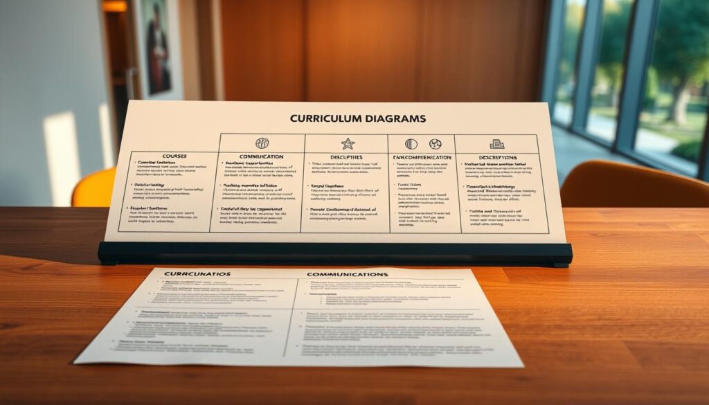A neatly organized curriculum diagram displayed on a wooden table, bathed in warm, directional lighting. The foreground showcases a clean, minimalist layout of course titles and descriptions, arranged in a grid-like structure. The middle ground features abstract icons and graphics symbolizing different communication disciplines, while the background subtly depicts a blurred academic campus scene, hinting at the broader context of the program. The overall composition conveys a sense of structure, professionalism, and the interdisciplinary nature of the communication studies curriculum.