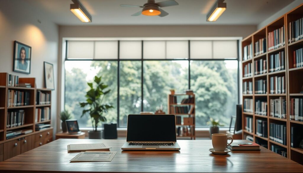 A neatly organized office space, illuminated by warm, diffused lighting from overhead fixtures. In the foreground, a wooden desk holds a laptop, some papers, and a cup of coffee, hinting at a scholarly workspace. In the middle ground, bookshelves line the walls, filled with volumes on various academic subjects. The background showcases a large window, allowing natural light to flood the room and providing a tranquil view of a lush, green campus. The overall atmosphere exudes a sense of focused productivity and intellectual exploration, perfectly reflecting the "Studi Kasus Beasiswa" theme.