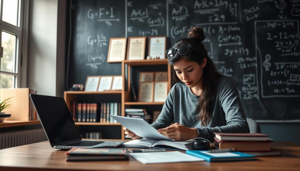 A serene and focused scene of a student poring over scholarship application materials against a backdrop of academic symbols. In the foreground, a desk with a laptop, books, and a thoughtfully arranged array of stationery. Muted natural lighting filters through a window, casting a soft glow on the workspace. In the middle ground, shelves filled with reference volumes and certificates hint at the rigors of the application process. The background features a chalkboard or whiteboard with equations and educational icons, suggesting the intellectual environment. The overall atmosphere conveys a sense of dedication, diligence, and the pursuit of educational opportunities.