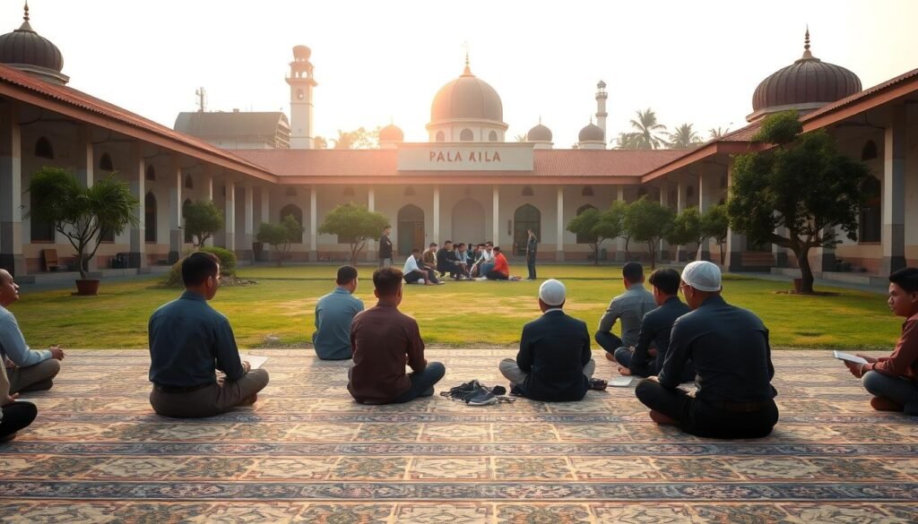 A serene and tranquil scene of a traditional Islamic boarding school (ponpes) campus. In the foreground, a group of students, or "santri," sit cross-legged on the ground, engaged in deep study and contemplation, their faces radiating a sense of focus and dedication. In the middle ground, a group of students can be seen participating in a lively discussion, exchanging ideas and insights. In the background, the iconic domes and minarets of the ponpes buildings stand tall, casting a warm, golden glow under the soft, diffused lighting of the setting sun. The overall atmosphere conveys a sense of academic rigor, spiritual growth, and the pursuit of knowledge that characterizes the "prestasi santri" or the achievements of the students within the ponpes community.
