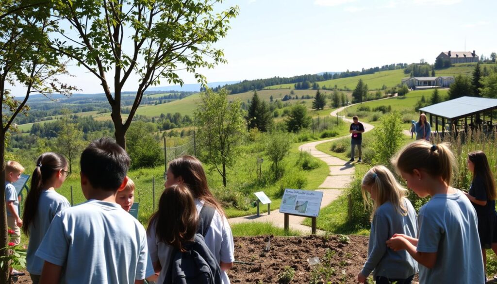 A serene outdoor scene depicting environmental character education. In the foreground, a group of students engaged in hands-on learning activities, such as planting trees or tending to a community garden. The middle ground shows a well-maintained nature trail winding through lush greenery, with informative signage about local flora and fauna. In the background, a picturesque landscape with rolling hills, a clear blue sky, and the distant silhouette of a school building, symbolizing the integration of environmental education into the curriculum. The lighting is soft and natural, creating a warm, inviting atmosphere that encourages exploration and connection with the natural world.
