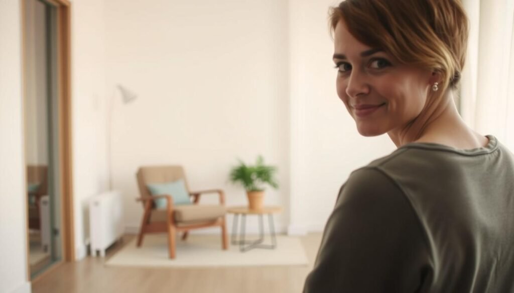 A serene, warmly lit interior scene showcasing the empathetic essence of humanistic theory. In the foreground, a person gazes intently, their expression radiating genuine care and understanding. The middle ground features a simple, minimalist setting - a comfortable chair, a small table, and a potted plant - creating an atmosphere of introspection and emotional connection. The background is softly blurred, emphasizing the focus on the central figure and their empathetic demeanor. Gentle, diffused lighting casts a comforting glow, symbolizing the humanistic approach's emphasis on the individual's inherent potential for growth and self-actualization.