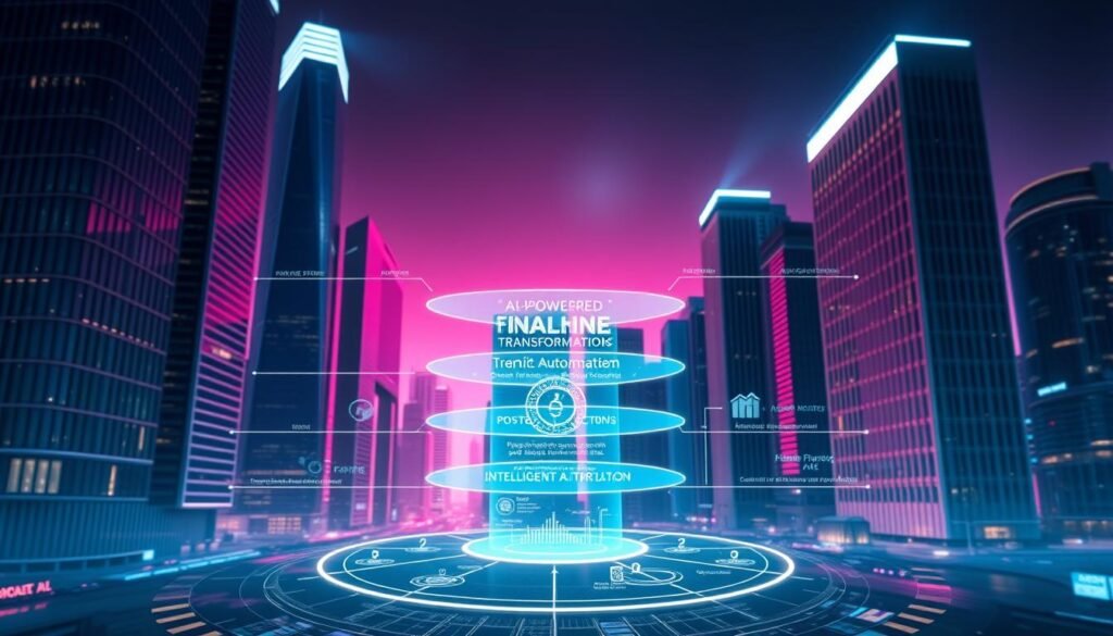 A sleek, futuristic cityscape with towering skyscrapers and gleaming glass facades. In the foreground, a stylized diagram depicts the interconnected layers of an AI-powered financial transformation system - data analytics, machine learning algorithms, and intelligent automation. The midground features holographic displays and projection interfaces, showcasing real-time financial insights and projections. In the background, a backdrop of vibrant, neon-tinged hues creates an immersive, tech-savvy atmosphere. Dramatic cinematic lighting casts dramatic shadows, emphasizing the innovative and forward-thinking nature of this AI-driven financial landscape.