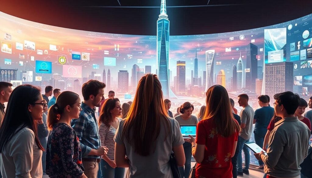 A vibrant digital landscape, illuminated by a warm, diffused light. In the foreground, a group of people of diverse ages and backgrounds engaged in lively discussions, sharing knowledge and insights on digital tools and platforms. The middle ground features a panoramic display showcasing various digital media and information sources, while the background depicts a towering, futuristic cityscape, symbolizing the seamless integration of technology and society. The overall atmosphere conveys a sense of empowerment, collaboration, and a collective commitment to advancing digital literacy.