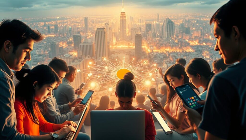 Solusi Literasi Digital: A vibrant, holistic image depicting the power of digital literacy as a solution to information crisis. A dynamic foreground showcases diverse individuals engaged in online research, social media interactions, and digital content creation, their faces illuminated by the glow of laptop and smartphone screens. In the middle ground, a sprawling network of interconnected digital devices and platforms represents the expansive digital ecosystem. The background features a striking cityscape, symbolizing the ubiquity of digital technology in modern life. Soft, warm lighting creates a sense of optimism and empowerment, while the overall composition conveys a harmonious balance between human and digital elements, highlighting the transformative potential of digital literacy.