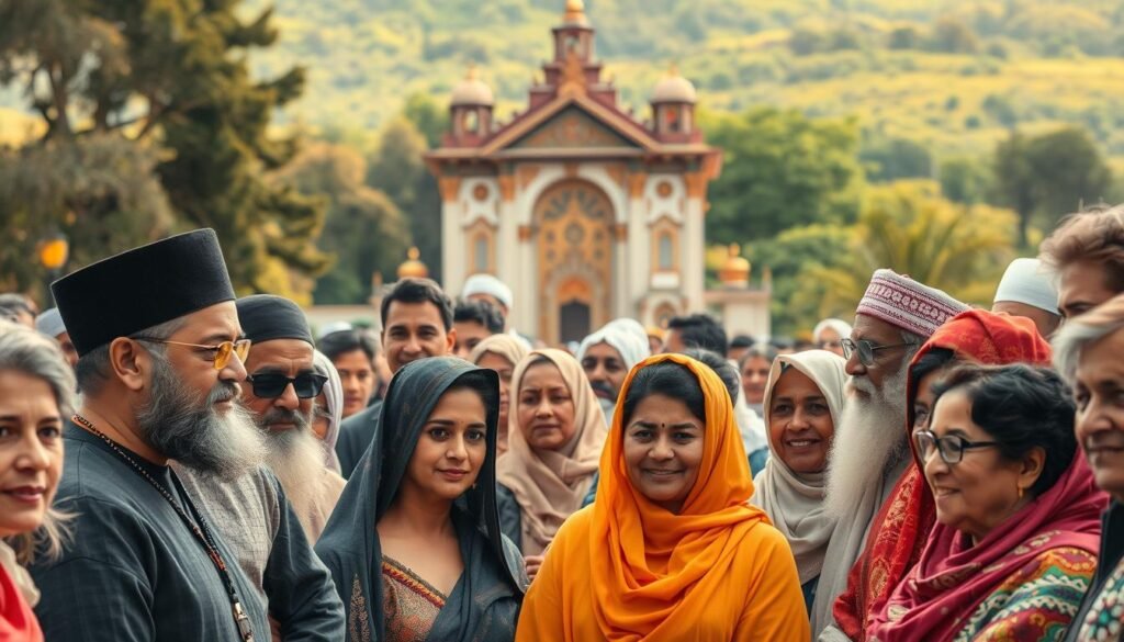 A diverse crowd of people from various cultures and faiths, standing together in a serene outdoor setting. The foreground features individuals of different ethnicities, religions, and ages, their expressions conveying a sense of mutual understanding and respect. In the middle ground, a majestic building with ornate architectural details, representing the coexistence of diverse religious and cultural traditions. The background depicts a lush, verdant landscape, with a warm, natural lighting that casts a peaceful ambiance over the scene. The overall composition evokes a harmonious and inclusive atmosphere, capturing the essence of pluralism in a foreign nation. A diverse crowd of people from various cultures and faiths, standing together in a serene outdoor setting. The foreground features individuals of different ethnicities, religions, and ages, their expressions conveying a sense of mutual understanding and respect. In the middle ground, a majestic building with ornate architectural details, representing the coexistence of diverse religious and cultural traditions. The background depicts a lush, verdant landscape, with a warm, natural lighting that casts a peaceful ambiance over the scene. The overall composition evokes a harmonious and inclusive atmosphere, capturing the essence of pluralism in a foreign nation.