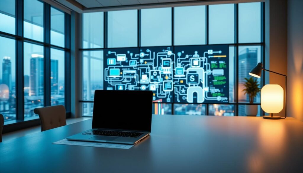 A modern office workspace with a functional, minimalist aesthetic. In the foreground, a sleek laptop and a stylized blueprint or wireframe diagram hover above a smooth, matte desk surface. Subtle backlighting from a minimalist desk lamp casts a warm, focused glow. In the middle ground, a large, high-resolution display shows interconnected digital systems and interfaces, representing the integration of technology into functional workflows. The background features floor-to-ceiling windows overlooking a vibrant cityscape, symbolizing the convergence of technology and the built environment. The overall mood is one of efficiency, innovation, and the seamless fusion of form and function.