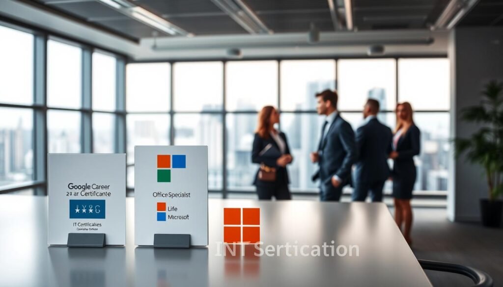 A modern, well-lit office interior with a clean, minimalist aesthetic. In the foreground, a desk displays various IT certification program logos, including the Google Career Certificates, Microsoft Office Specialist, and other industry-recognized accreditations. The middle ground features smartly dressed professionals engaged in discussion, symbolizing the value and recognition of these certifications in the workplace. The background showcases floor-to-ceiling windows offering a cityscape view, evoking a sense of opportunity and professional growth. The overall mood is one of sophistication, progress, and the growing importance of IT certification programs for students and employees alike.