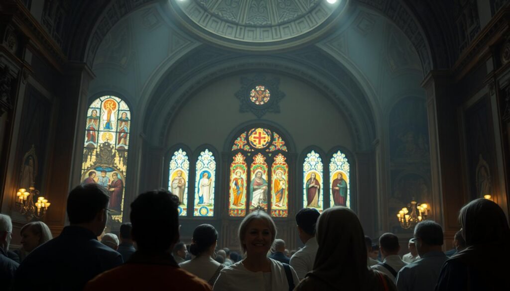 A serene, dimly lit interior space with ornate religious symbols and architectural elements representing diverse faiths. In the foreground, a group of people from different backgrounds stand together, their expressions conveying mutual understanding and respect. Soft, warm lighting illuminates the scene, creating an atmosphere of harmony and inclusivity. The middle ground features intricate stained glass windows depicting religious motifs, symbolizing the coexistence of multiple belief systems. The background showcases a grand, domed ceiling adorned with intricate carvings and mosaics, suggesting the grandeur and significance of the space. The overall composition conveys the concept of religious pluralism and its connection to human rights. A serene, dimly lit interior space with ornate religious symbols and architectural elements representing diverse faiths. In the foreground, a group of people from different backgrounds stand together, their expressions conveying mutual understanding and respect. Soft, warm lighting illuminates the scene, creating an atmosphere of harmony and inclusivity. The middle ground features intricate stained glass windows depicting religious motifs, symbolizing the coexistence of multiple belief systems. The background showcases a grand, domed ceiling adorned with intricate carvings and mosaics, suggesting the grandeur and significance of the space. The overall composition conveys the concept of religious pluralism and its connection to human rights.