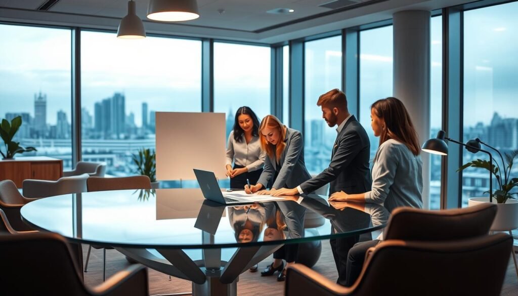 A serene office setting with a team of professionals engaged in collaborative problem-solving. In the foreground, a group of coworkers gathered around a glass-topped conference table, using a whiteboard and laptop to discuss innovative strategies. Soft, directional lighting from overhead fixtures casts a warm, productive glow. The middle ground features stylish, minimalist furniture and decor, creating a modern, functional atmosphere. In the background, floor-to-ceiling windows offer a tranquil city skyline view, reinforcing the sense of a well-designed, forward-thinking workspace. The overall scene conveys a sense of focus, efficiency, and a functional approach to boosting organizational productivity.