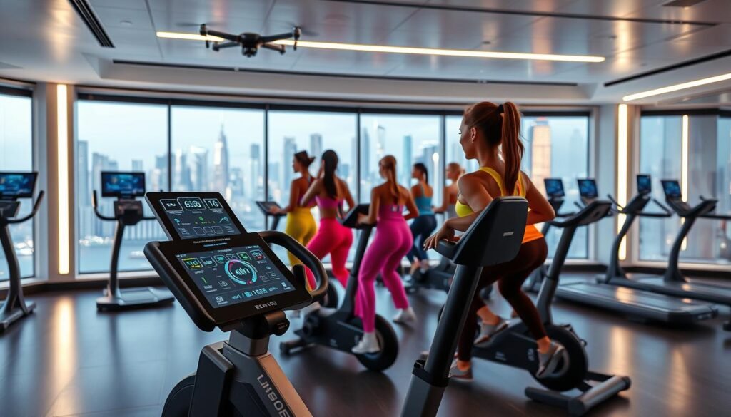 A sleek, high-tech aerobic studio with state-of-the-art equipment. In the foreground, a modern stationary bike with a touch screen display showcasing real-time metrics. Surrounding it, rows of other connected fitness machines with holographic interfaces. The middle ground features a group of people in vibrant workout gear, their movements synchronized to the rhythmic beat of electronic music. The background is a panoramic window, revealing a futuristic cityscape with gleaming skyscrapers and hovering drones. Soft, diffused lighting bathes the scene, creating an immersive, technologically-advanced atmosphere for the aerobic exercise experience.
