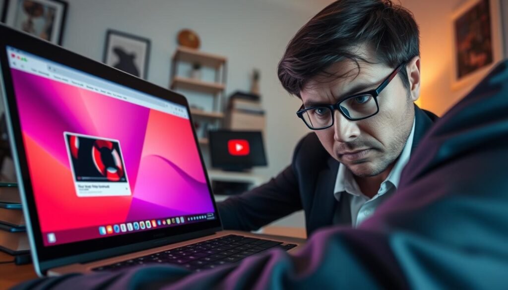 A close-up view of a person in professional attire, focused on their laptop screen while using Safari to watch a YouTube video in picture-in-picture mode. The foreground features the laptop, displaying the YouTube interface in a small overlay window, with vibrant colors emanating from the screen. Showcase a frustrated yet determined expression on the person's face, emphasizing their effort to troubleshoot common technical issues. The middle background includes a cozy home office setting with soft, ambient lighting, and a few tech accessories scattered around. The overall atmosphere is one of concentration and problem-solving, with a warm ambiance that inspires productivity and resourcefulness.
