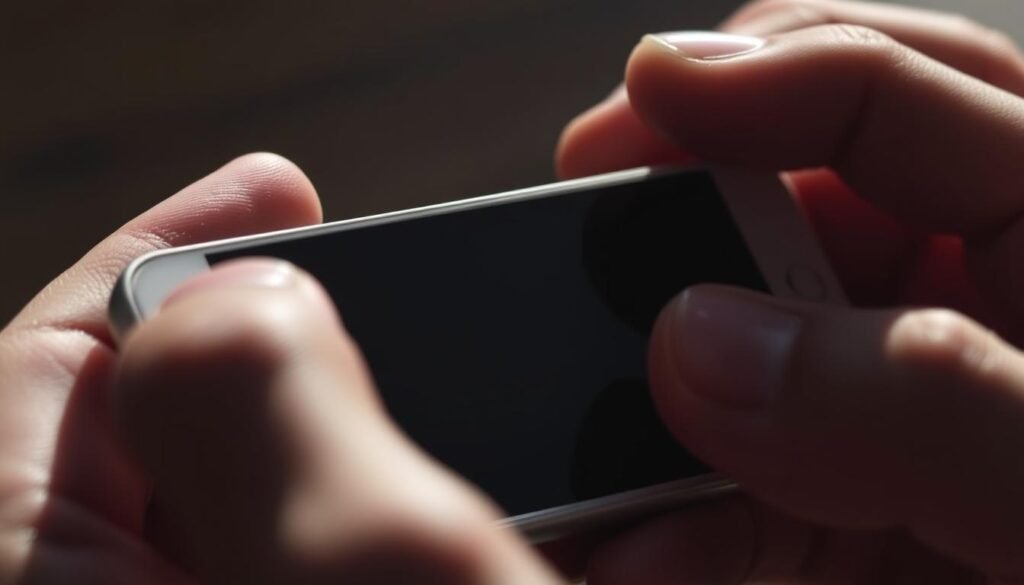 A close-up view of a person's hands pressing and holding down the volume up and power buttons on the side of a silver iPhone. The screen of the device is dark, indicating a frozen or unresponsive state. The lighting is sharp and directional, casting dramatic shadows that emphasize the actions being taken. The background is blurred, keeping the focus on the detailed mechanics of the gesture. The overall mood is one of focused troubleshooting, with a sense of urgency to resolve the device's unresponsive state through the appropriate button combination.