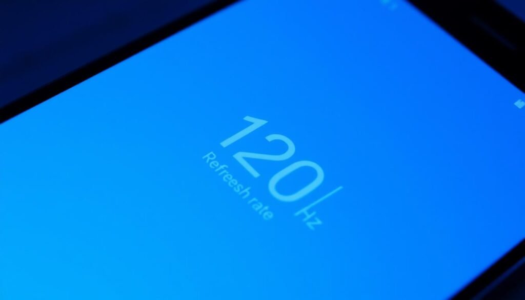 A closeup shot of an Android smartphone display, showcasing the refresh rate indicator. The screen shows a clean, minimalist interface with a prominent numerical value representing the current refresh rate, perhaps 120Hz. The display is illuminated with a cool, blue-tinted lighting, casting sharp shadows that highlight the screen's depth and clarity. The camera angle is slightly angled, creating a sense of depth and emphasizing the display's prominence. The background is blurred, keeping the focus entirely on the screen and its technical details.