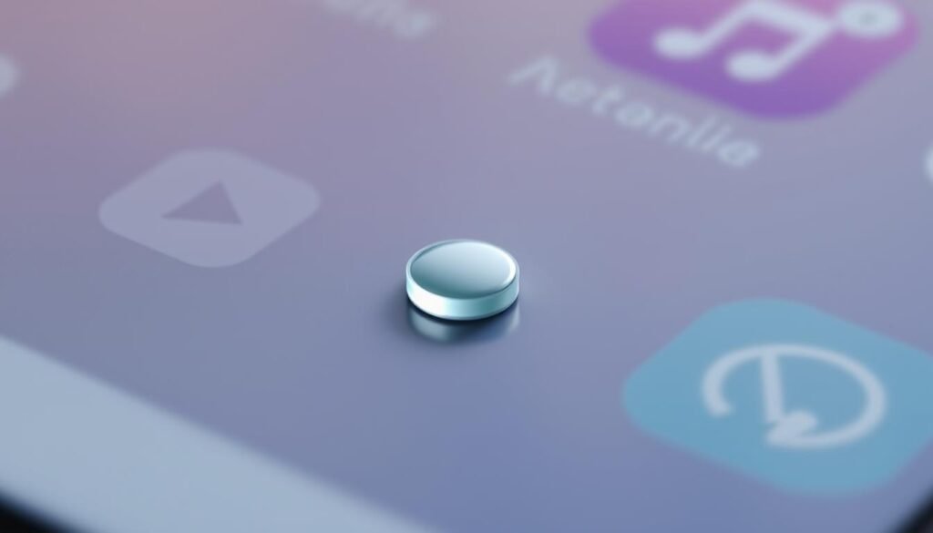 A discreet, minimalist gesture icon resembling a pill shape, subtly positioned within the user interface. Rendered with a muted color palette, soft shadows, and a slight sheen to convey a sense of depth and materiality. The gesture pill should be the focal point, captured from a low angle to emphasize its significance, with the surrounding UI elements gently blurred to draw the viewer's attention. The overall mood should be one of elegant simplicity, hinting at the seamless integration of this essential navigational control.