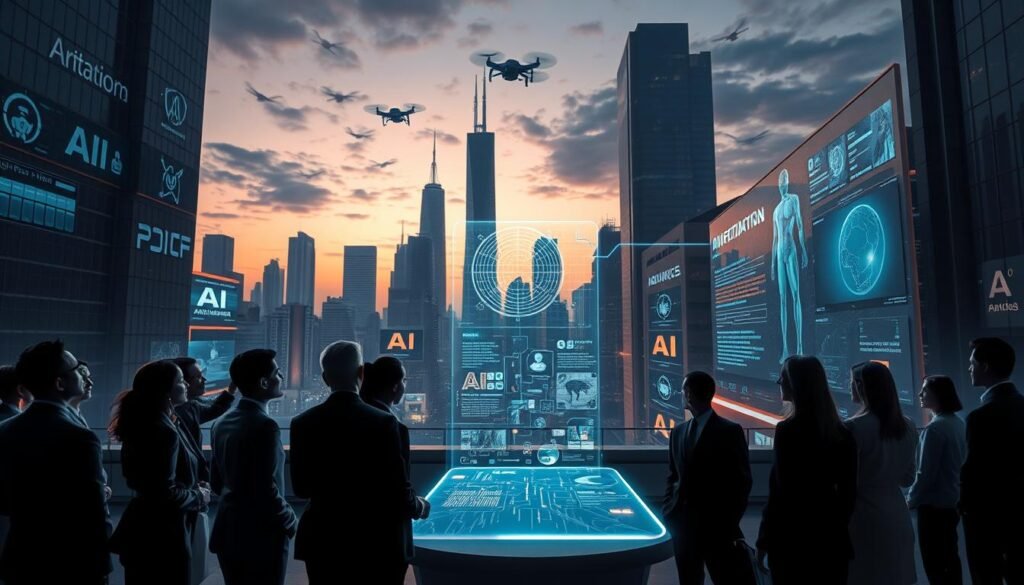 A futuristic urban landscape illustrating the risks of Artificial Intelligence. In the foreground, a diverse group of professionals in business attire, looking concerned as they observe a holographic display showing chaotic data streams and digital projections symbolizing AI-generated misinformation. The middle ground features sleek, modern architecture with digital screens exhibiting AI warnings and regulations. The background reveals a dusk sky, casting an ominous glow over the city, with silhouettes of drones and robotic figures looming, suggesting unpredictability. The overall mood is tense and thought-provoking, emphasizing the complexities and potential dangers of AI technology. Use moody, dramatic lighting to enhance the atmosphere, with a focus on deep contrasts and shadow play to depict a sense of urgency and caution.