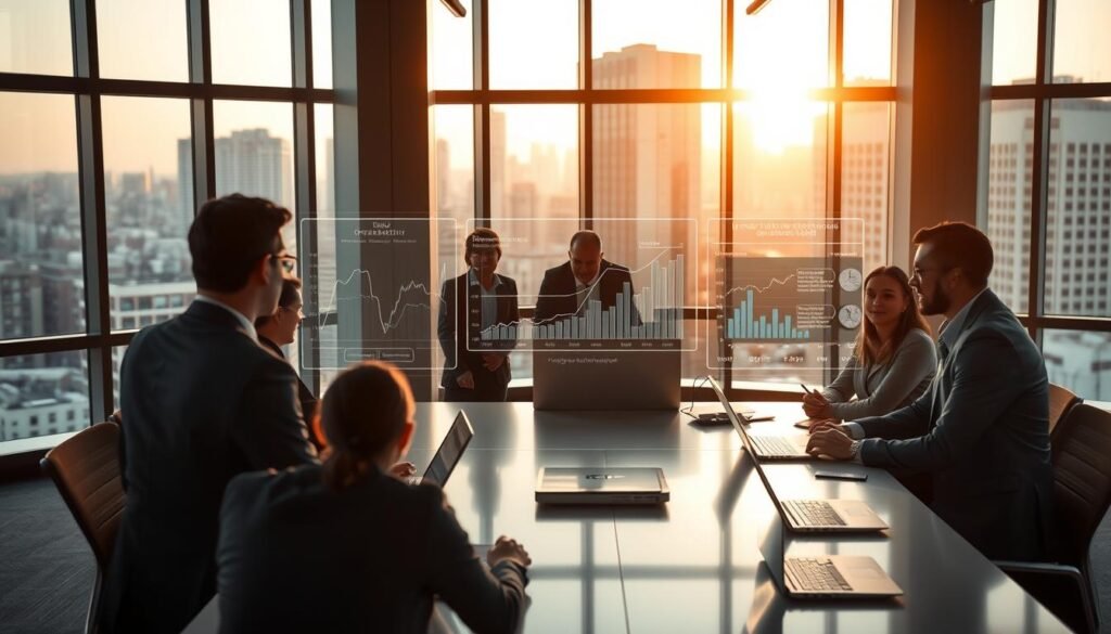 A modern office environment showcasing digital operational resilience. In the foreground, a diverse group of professionals in smart business attire discuss strategies around a sleek conference table, surrounded by advanced technology like laptops and monitors displaying data analytics. In the middle, a transparent digital interface illustrates real-time data flows and potential disruptions, showcasing graphs and alerts. In the background, large windows reveal a cityscape, bathed in warm, natural light, creating an optimistic yet serious atmosphere. The overall mood conveys a sense of urgency and focus, emphasizing the need for preparedness against technological disruptions in a rapidly evolving landscape. Use a cinematic angle to capture the scene with depth.