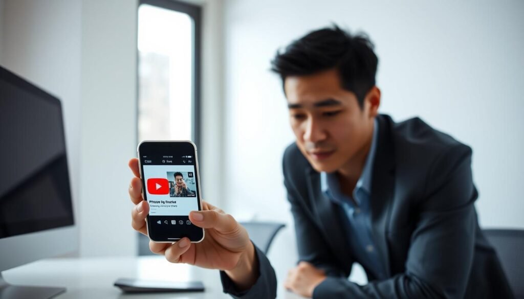 A serene and focused scene depicting a user engaged with an iPhone displaying YouTube's Picture-in-Picture (PiP) feature in Safari. In the foreground, a person of Asian descent, dressed in smart casual attire, leans forward with an expression of concentration, gazing at the iPhone held in their hand. In the middle ground, the screen of the phone clearly shows the YouTube PiP interface, where a small video plays while browsing the web. The background features a modern, minimalistic workspace with soft natural lighting streaming through a window, creating a calm and inviting atmosphere. The overall mood conveys a balance of technology and personal security, highlighting the importance of privacy in digital interactions.