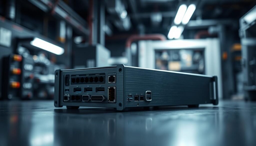 A sleek, minimalist module with a brushed metal casing and an array of ports and connectors. Soft, directional lighting highlights the module's clean lines and intricate internal components. The module is positioned in a dimly lit, high-tech environment, creating a sense of industrial sophistication. The composition features the module in the foreground, with a blurred backdrop of technical equipment and machinery, suggesting its role as an advanced, specialized component within a larger system. The overall mood is one of precision, functionality, and technological prowess.