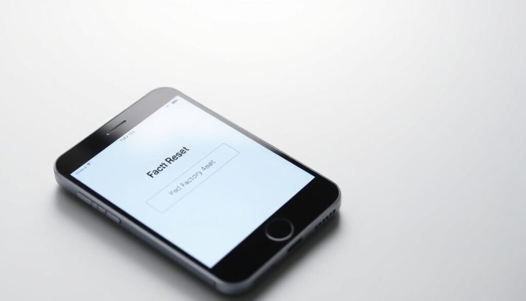 An iPhone against a white backdrop, its screen displaying the "Factory Reset" menu. The phone's exterior is pristine, reflecting the clinical lighting that illuminates the scene. The camera is positioned at a slight angle, capturing the device's sleek lines and minimalist design. The background is intentionally simple, keeping the focus on the iPhone and its factory reset interface. The overall mood is one of careful preparation, hinting at the importance of the task at hand and the need for caution when undertaking a factory reset.
