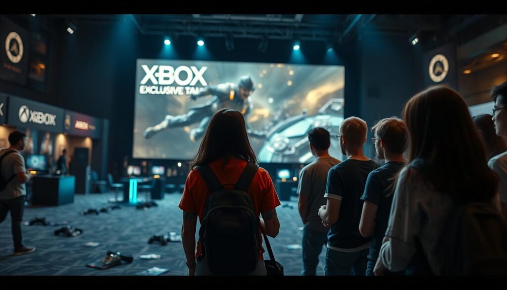 A cinematic scene depicting an empty gaming event space, showcasing a large screen playing a dramatic trailer for an exciting Xbox exclusive game. In the foreground, a group of fans—diverse in ethnicity and age, dressed in casual gaming attire—look disappointed as they watch the screen. Their expressions convey a mix of anticipation and heartache. In the middle ground, dimmed lights enhance the somber mood, while scattered game merchandise lays on the ground, hinting at a missed opportunity. The background features blurred-out banners and gaming setups, suggesting a vibrant atmosphere that has now turned melancholic. Soft, ambient lighting adds an emotional tone, with a slight vignette effect focusing attention on the fans' reactions.