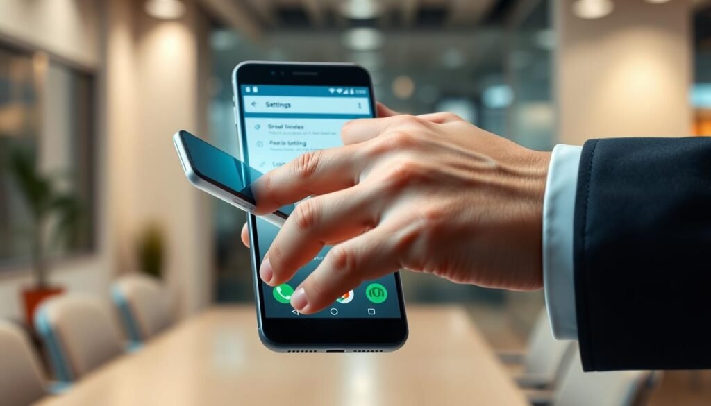 A close-up of an animated Android smartphone interface, illustrating the concept of reducing animation speed. In the foreground, show a hand, dressed in a professional business attire, interacting with a bright, sleek smartphone screen, displaying smooth transitions and minimal animations. The middle layer features the smartphone’s interface with app icons and a settings menu highlighted, demonstrating a smooth and efficient user experience. In the background, a soft-focus office environment with neutral, calming colors conveys a sense of productivity and modern technology. Use soft, even lighting to highlight the screen while creating a warm atmosphere. Capture this scene from a slightly elevated angle to emphasize the interaction between the user and the device, ensuring an engaging and informative visual representation.