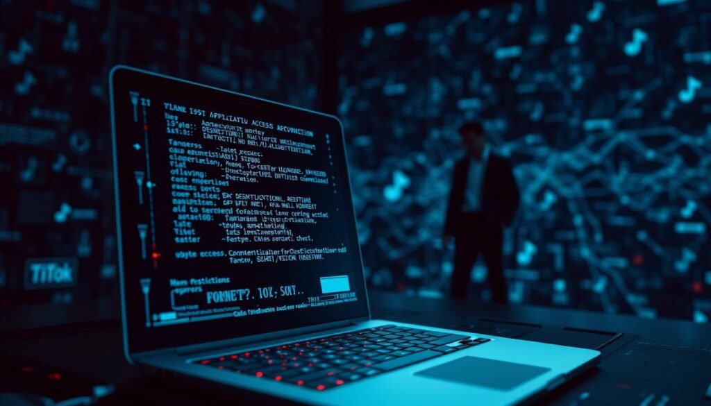 A complex visual representation of a forbidden application access mechanism, set against a blurred backdrop of a dark web environment. In the foreground, a sleek, high-tech interface displays ominous code and intricate digital symbols symbolizing danger. The middle ground features shadowy figures in professional attire, analyzing the interface with a cautious demeanor. The background simulates a glitchy digital landscape with hints of TikTok style, such as recognizable icons and hashtags, merging with dark waves of data flow. The lighting is dim with a blueish hue, casting eerie shadows that enhance a sense of unease. The overall atmosphere conveys urgency and risk, underscoring the dangers of viral applications that evade restrictions. The image should evoke a feeling of suspense and apprehension, emphasizing the hidden threats of digital access mechanisms.