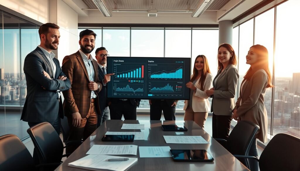 A confident business team of diverse individuals in professional attire stands in a modern office space, reviewing a project status report displayed on a sleek digital screen. They exhibit expressions of optimism and determination, symbolizing a positive outlook on future projects. The foreground features a large table with project documents and digital tablets spread across it. In the middle ground, the team engages with the screen, pointing and discussing various graph trends. The background reveals panoramic windows showcasing a bright, clear sky, highlighting the theme of hope and “seeing the light of day” for upcoming releases. Soft, natural lighting filters in, creating a warm, inviting atmosphere, while a wide-angle lens captures the teamwork and collaboration spirit.