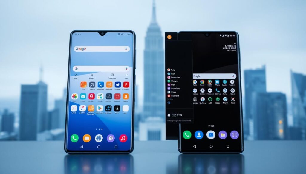 A detailed comparison of Samsung One UI 6.1 and Pixel UI, focusing on the concept of bloatware. In the foreground, a high-tech smartphone displaying both interfaces side by side, highlighting icons and features indicative of bloatware, such as excessive pre-installed apps. The middle ground features a split view of a digital workspace, showcasing a clean, streamlined Pixel UI with minimal clutter on one side and a vibrant, crowded Samsung UI on the other. The background reveals an abstract tech-inspired cityscape, with soft blue and gray tones to suggest a modern atmosphere. Soft, even lighting to enhance the interfaces, captured from a slightly elevated angle to show depth and detail. The overall mood is analytical, allowing viewers to grasp the nuances of both platforms visually.
