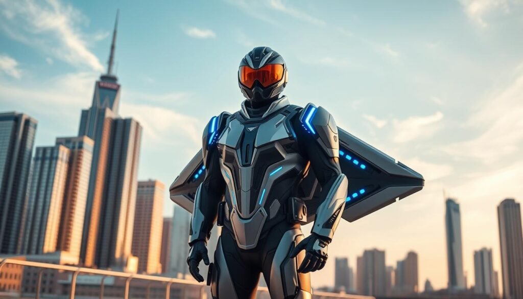 A futuristic jet suit technology demonstrated in an urban setting, featuring a sleek, metallic design with glowing blue accents. In the foreground, a professional pilot in a fitted, high-tech suit stands confidently, showcasing the jet suit's intricate functionality. The middle ground includes a skyline of a modern city with towering skyscrapers bathed in soft sunset lighting, reflecting advanced technology and innovation. In the background, a clear blue sky with wispy clouds adds depth, enhancing the sci-fi atmosphere. The scene is dynamically angled as if captured in action, creating a sense of excitement and possibility. The overall mood is inspirational and forward-looking, emphasizing cutting-edge technology and the future of human flight.