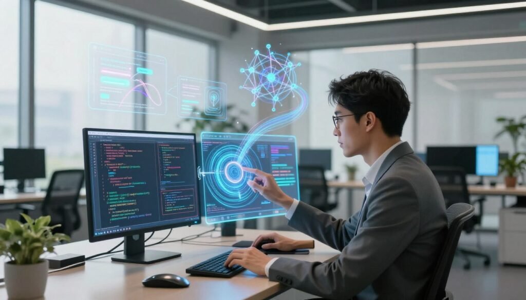 A futuristic office environment showcasing the power of AI in coding optimization. In the foreground, a programmer, dressed in professional attire, interacts with a sleek holographic interface displaying lines of code and AI algorithms. The middle ground features advanced AI technology visualizations, like neural networks and data streams, dynamically flowing around the programmer. The background shows a modern office with large windows letting in natural light, minimalistic furniture, and subtle greenery, creating a calming atmosphere. The lighting is bright and focused on the holographic elements, emphasizing innovation and clarity. The overall mood is one of productivity and technological advancement, reflecting a seamless integration of AI into the programming workflow.