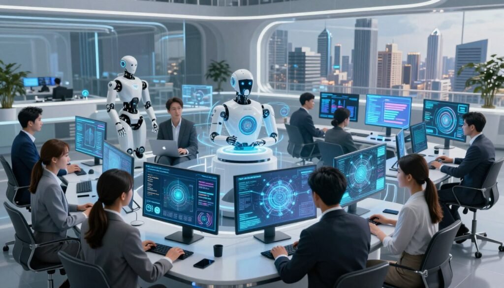 A futuristic scene showcasing the integration of multimodal artificial intelligence, featuring a sleek, modern workspace. In the foreground, diverse professionals dressed in business attire are engaged with holographic screens displaying data streams, visualizations, and interconnected networks. The middle ground highlights various AI technologies like robotic assistants and smart devices collaborating seamlessly. In the background, a city skyline is depicted with advanced architecture, symbolizing technological advancement and innovation. The lighting is bright and dynamic, with reflections from the screens illuminating the faces of the professionals, creating an atmosphere of excitement and collaboration. Use a slightly elevated angle to capture the entire setting, showcasing the harmony between humans and technology in a sophisticated digital age.