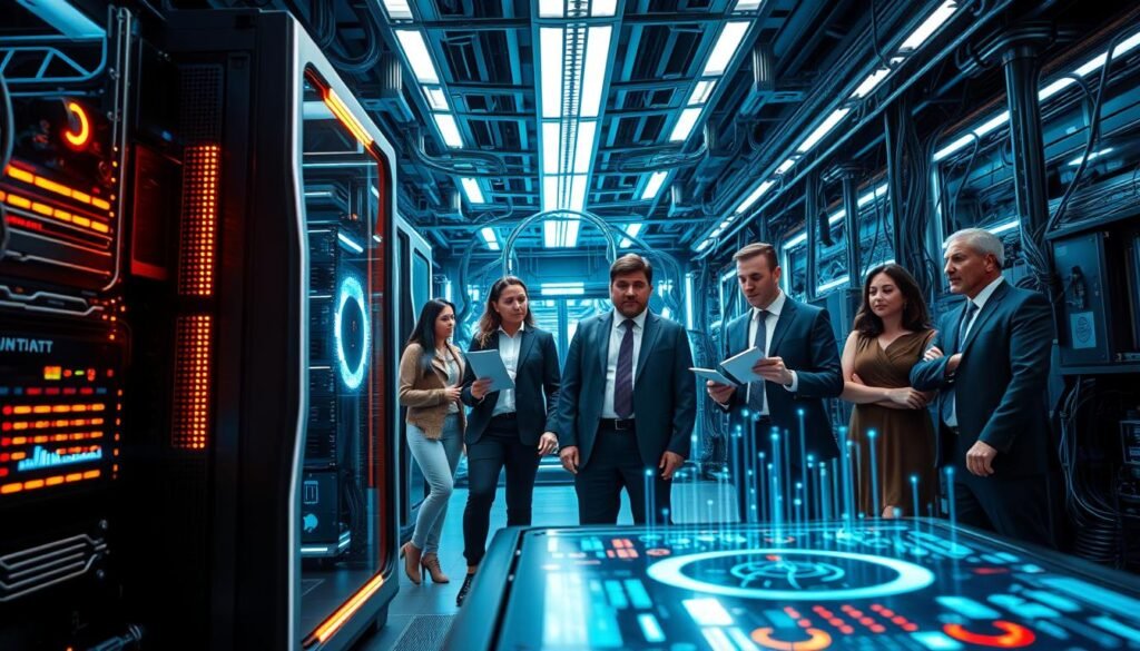 A futuristic technological setting inspired by Iron Man, featuring a sleek, modern supercomputer at the forefront with a glowing interface and holographic displays showcasing advanced data analytics. In the middle ground, a diverse group of professionals, dressed in smart business attire, collaboratively analyzing the supercomputer's output, their expressions reflecting excitement and focus. The background reveals a high-tech laboratory with intricate wiring, illuminated by soft blue and white LED lighting, creating a sleek and innovative atmosphere. The composition should have a slight angle from above, enhancing the sense of depth and emphasizing the scale of technology. The overall mood is one of awe and inspiration, showcasing the potential of future technology.