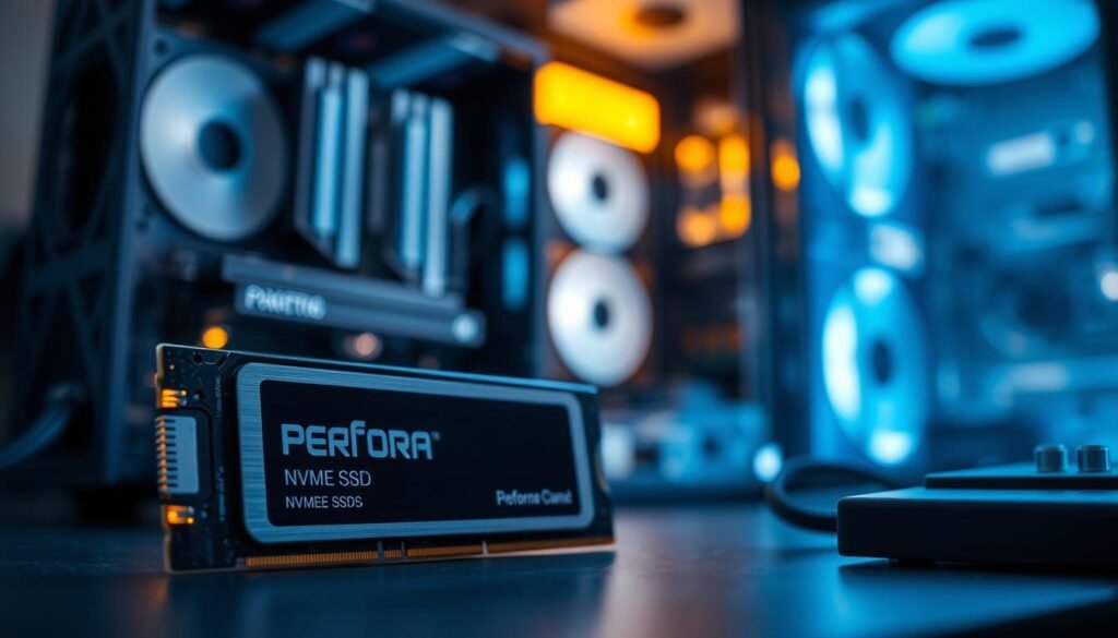 A high-quality image of a Performa NVMe SSD, prominently displayed in the foreground with a sleek, modern design emphasizing its advanced technology features. The SSD is shown from a slight angle to highlight its metallic finish and branding. In the middle ground, a stylized computer case is partially visible, suggesting integration with high-performance components. The background features a softly blurred workstation environment, hinting at a productive atmosphere with subtle LED lighting. The scene is illuminated with cool tones, creating a tech-savvy vibe, while a warm glow subtly radiates from the computer, enhancing the focus on the SSD. The overall mood conveys innovation and efficiency in data storage. A high-quality image of a Performa NVMe SSD, prominently displayed in the foreground with a sleek, modern design emphasizing its advanced technology features. The SSD is shown from a slight angle to highlight its metallic finish and branding. In the middle ground, a stylized computer case is partially visible, suggesting integration with high-performance components. The background features a softly blurred workstation environment, hinting at a productive atmosphere with subtle LED lighting. The scene is illuminated with cool tones, creating a tech-savvy vibe, while a warm glow subtly radiates from the computer, enhancing the focus on the SSD. The overall mood conveys innovation and efficiency in data storage.