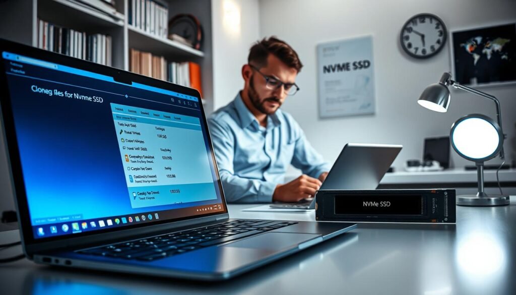 A high-tech workspace showcasing the process of cloning Windows to an NVMe SSD. In the foreground, an open laptop displays a software interface with cloning progress bars and detailed information on system files, illuminated by a soft blue LED light. To the side, a high-quality NVMe SSD is prominently featured, glinting under a nearby desk lamp. In the middle ground, a business professional in a neat, casual outfit is attentively examining the screen, using a sleek external hard drive for backup. The background features a modern office setup with a clean desk, a bookshelf filled with tech manuals, and a digital clock on the wall. The overall atmosphere is focused and efficient, with bright, clear lighting that emphasizes technology and productivity. A high-tech workspace showcasing the process of cloning Windows to an NVMe SSD. In the foreground, an open laptop displays a software interface with cloning progress bars and detailed information on system files, illuminated by a soft blue LED light. To the side, a high-quality NVMe SSD is prominently featured, glinting under a nearby desk lamp. In the middle ground, a business professional in a neat, casual outfit is attentively examining the screen, using a sleek external hard drive for backup. The background features a modern office setup with a clean desk, a bookshelf filled with tech manuals, and a digital clock on the wall. The overall atmosphere is focused and efficient, with bright, clear lighting that emphasizes technology and productivity.