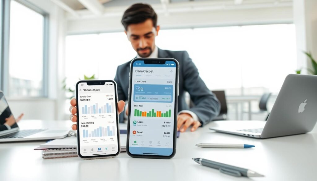 A modern and professional office setting showcasing a reputable fintech loan application named "Dana Cepat." In the foreground, depict a sleek smartphone displaying the app interface with bar graphs and loan options, surrounded by office supplies such as a laptop, notepad, and a pen. In the middle, a confident business professional in smart casual attire is analyzing financial data on the smartphone, embodying focus and trust. The background features a bright, minimalist office space with large windows indicating a sunny day, soft natural lighting filtering in. The overall atmosphere conveys reliability, innovation, and approachability, emphasizing the secure and trusted nature of online lending services without any text elements.